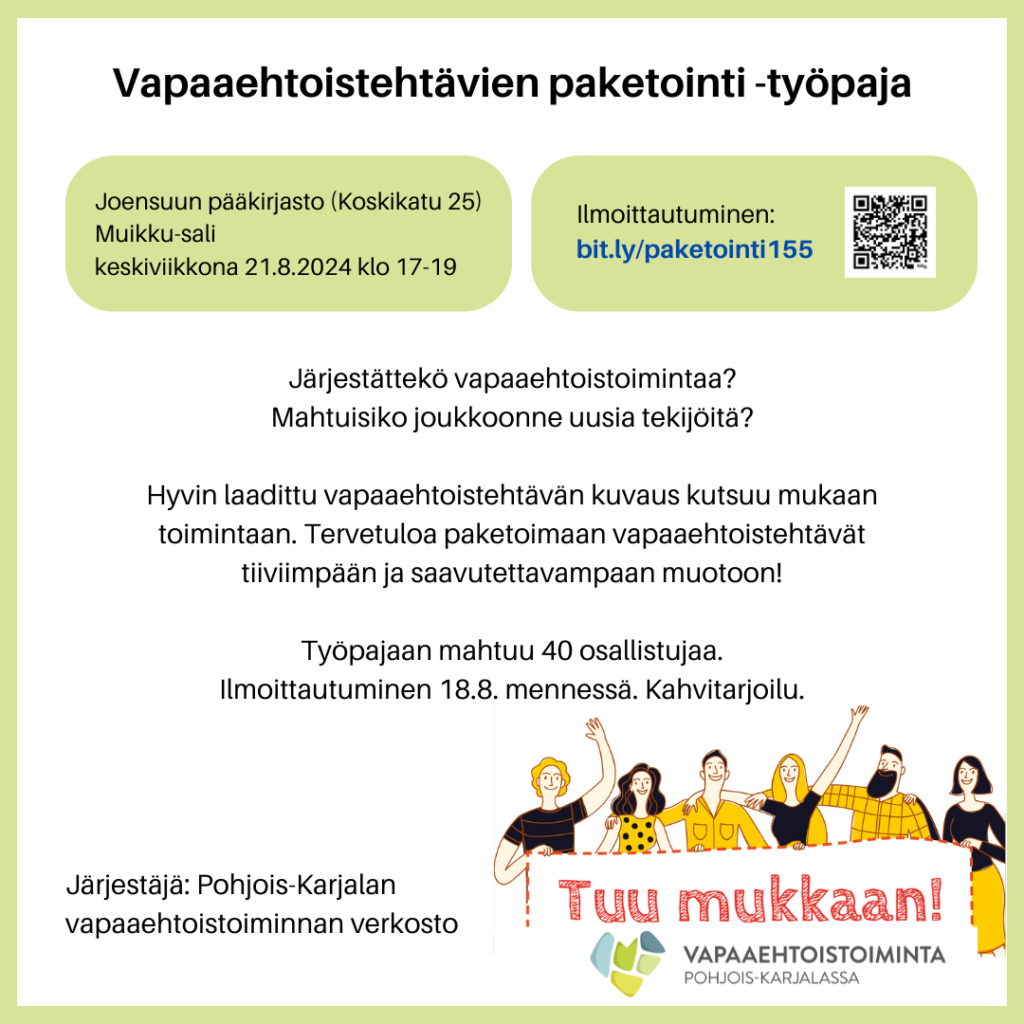 Vapaaehtoistehtävien työpaja 21.8.2024 mainos
