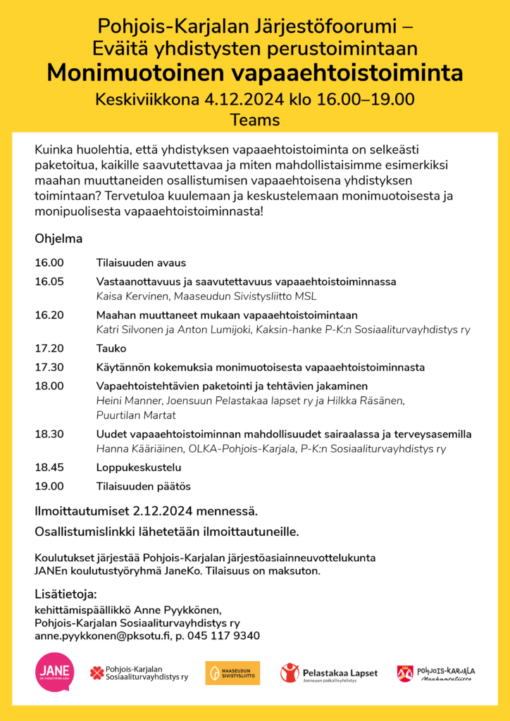 4.12. järjestöfoorumin ohjelma, aiheena monimuotoinen vapaaehtoistoiminta